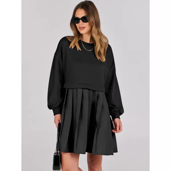 imageANRABESS Women Oversized Sweatshirts Hoodie Dress Long Sleeve Crewneck Casual Baggy Patchwork Pleated Flowy Mini DressesBlack