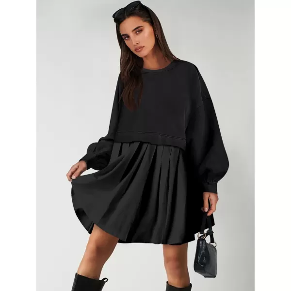 imageANRABESS Women Oversized Sweatshirts Hoodie Dress Long Sleeve Crewneck Casual Baggy Patchwork Pleated Flowy Mini DressesBlack