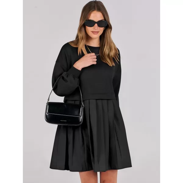imageANRABESS Women Oversized Sweatshirts Hoodie Dress Long Sleeve Crewneck Casual Baggy Patchwork Pleated Flowy Mini DressesBlack