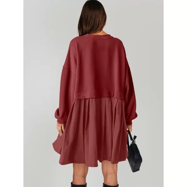 imageANRABESS Women Oversized Sweatshirts Hoodie Dress Long Sleeve Crewneck Casual Baggy Patchwork Pleated Flowy Mini DressesBrick Red