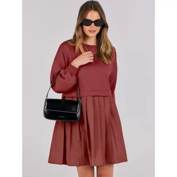 imageANRABESS Women Oversized Sweatshirts Hoodie Dress Long Sleeve Crewneck Casual Baggy Patchwork Pleated Flowy Mini DressesBrick Red