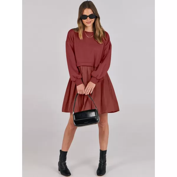 imageANRABESS Women Oversized Sweatshirts Hoodie Dress Long Sleeve Crewneck Casual Baggy Patchwork Pleated Flowy Mini DressesBrick Red