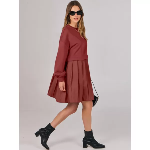 imageANRABESS Women Oversized Sweatshirts Hoodie Dress Long Sleeve Crewneck Casual Baggy Patchwork Pleated Flowy Mini DressesBrick Red