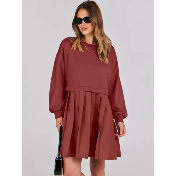 imageANRABESS Women Oversized Sweatshirts Hoodie Dress Long Sleeve Crewneck Casual Baggy Patchwork Pleated Flowy Mini DressesBrick Red