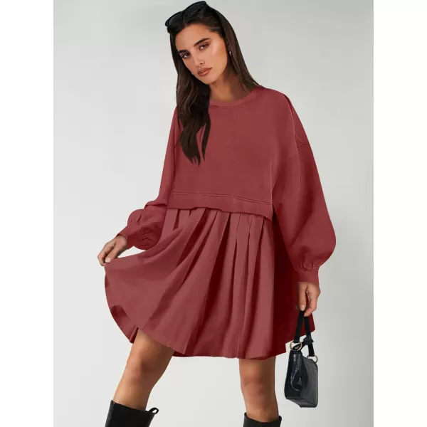 imageANRABESS Women Oversized Sweatshirts Hoodie Dress Long Sleeve Crewneck Casual Baggy Patchwork Pleated Flowy Mini DressesBrick Red