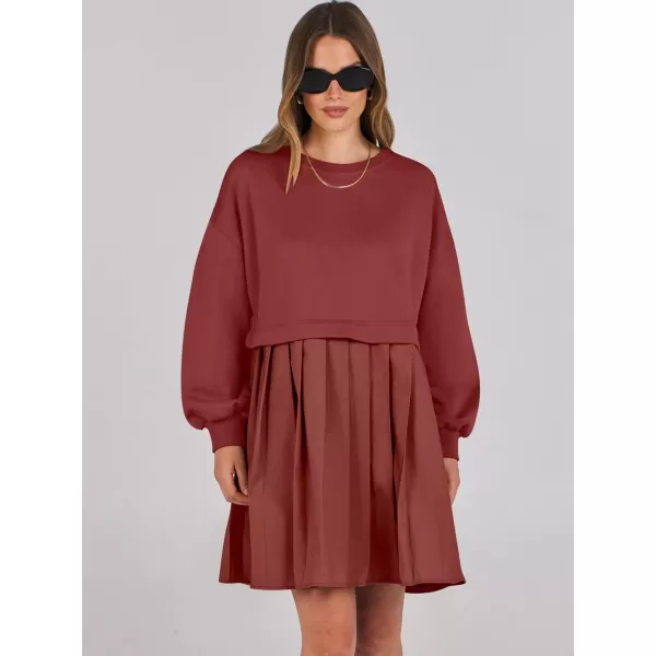 imageANRABESS Women Oversized Sweatshirts Hoodie Dress Long Sleeve Crewneck Casual Baggy Patchwork Pleated Flowy Mini DressesBrick Red
