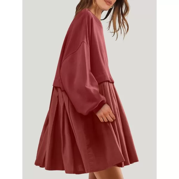 imageANRABESS Women Oversized Sweatshirts Hoodie Dress Long Sleeve Crewneck Casual Baggy Patchwork Pleated Flowy Mini DressesBrick Red