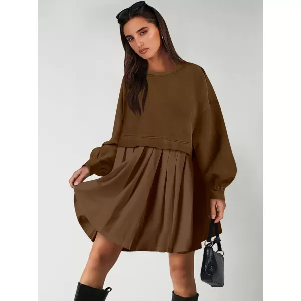 imageANRABESS Women Oversized Sweatshirts Hoodie Dress Long Sleeve Crewneck Casual Baggy Patchwork Pleated Flowy Mini DressesCoffee