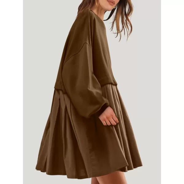 imageANRABESS Women Oversized Sweatshirts Hoodie Dress Long Sleeve Crewneck Casual Baggy Patchwork Pleated Flowy Mini DressesCoffee