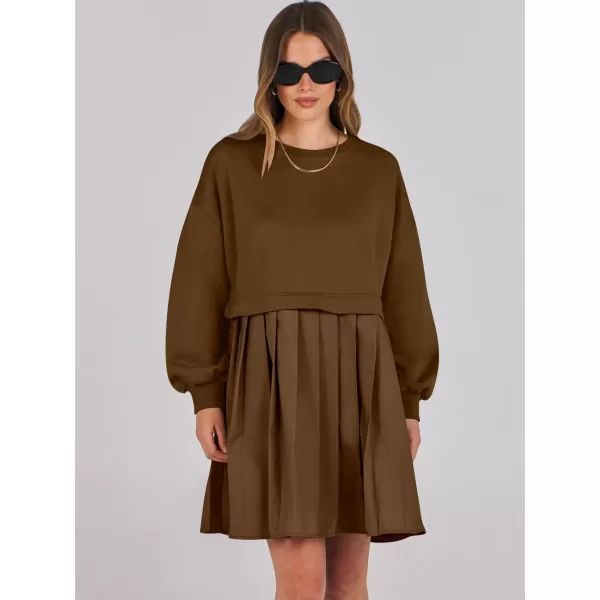 imageANRABESS Women Oversized Sweatshirts Hoodie Dress Long Sleeve Crewneck Casual Baggy Patchwork Pleated Flowy Mini DressesCoffee