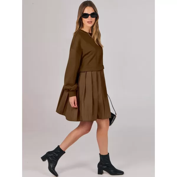 imageANRABESS Women Oversized Sweatshirts Hoodie Dress Long Sleeve Crewneck Casual Baggy Patchwork Pleated Flowy Mini DressesCoffee