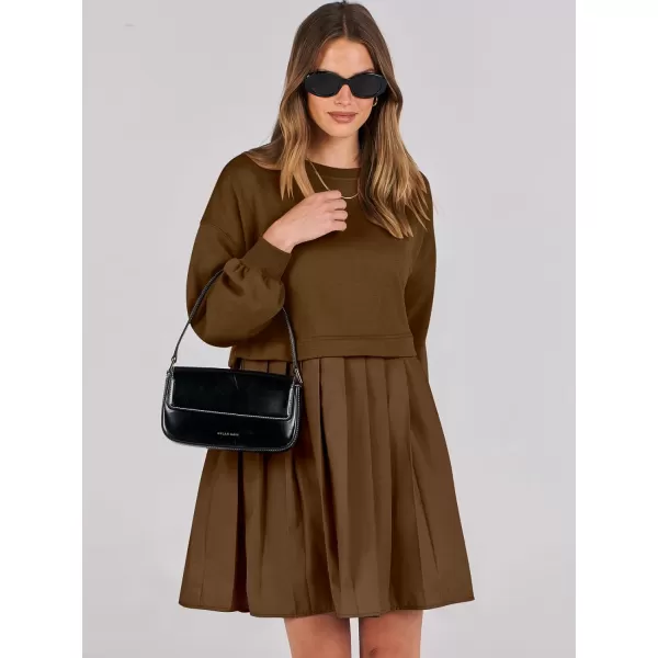 imageANRABESS Women Oversized Sweatshirts Hoodie Dress Long Sleeve Crewneck Casual Baggy Patchwork Pleated Flowy Mini DressesCoffee