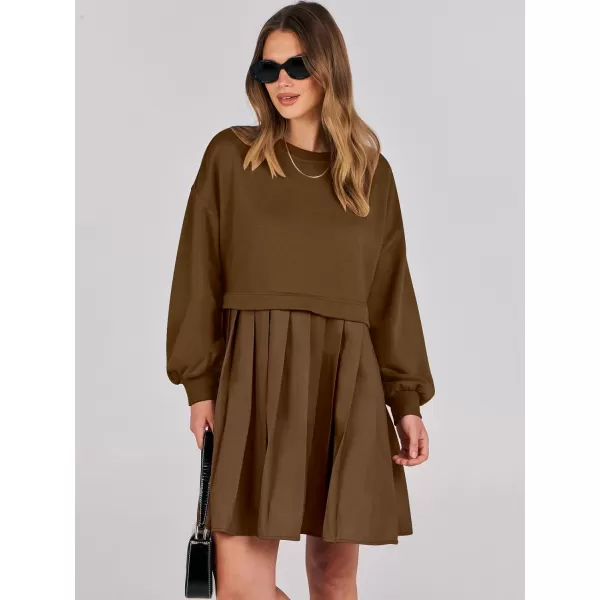 imageANRABESS Women Oversized Sweatshirts Hoodie Dress Long Sleeve Crewneck Casual Baggy Patchwork Pleated Flowy Mini DressesCoffee