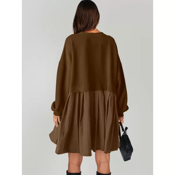 imageANRABESS Women Oversized Sweatshirts Hoodie Dress Long Sleeve Crewneck Casual Baggy Patchwork Pleated Flowy Mini DressesCoffee