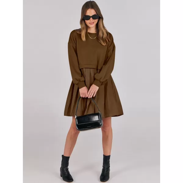 imageANRABESS Women Oversized Sweatshirts Hoodie Dress Long Sleeve Crewneck Casual Baggy Patchwork Pleated Flowy Mini DressesCoffee