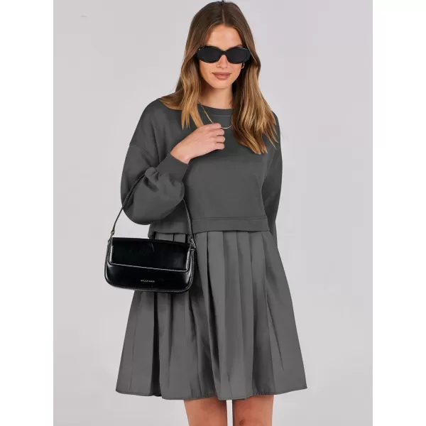 imageANRABESS Women Oversized Sweatshirts Hoodie Dress Long Sleeve Crewneck Casual Baggy Patchwork Pleated Flowy Mini DressesDark Grey