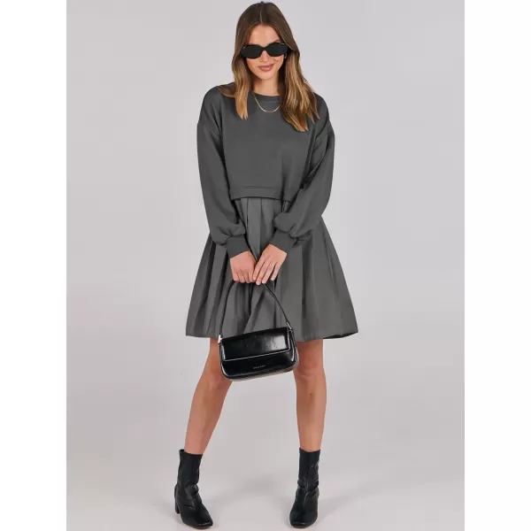 imageANRABESS Women Oversized Sweatshirts Hoodie Dress Long Sleeve Crewneck Casual Baggy Patchwork Pleated Flowy Mini DressesDark Grey