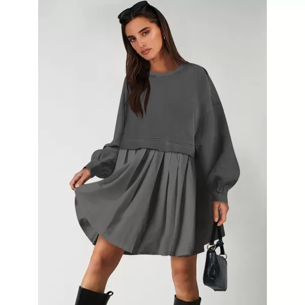 imageANRABESS Women Oversized Sweatshirts Hoodie Dress Long Sleeve Crewneck Casual Baggy Patchwork Pleated Flowy Mini DressesDark Grey