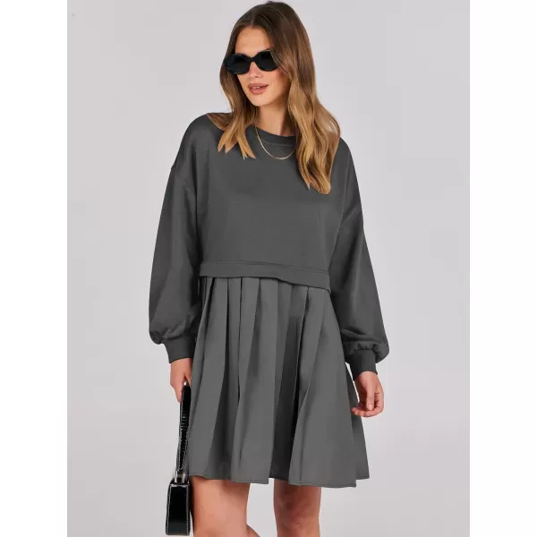 imageANRABESS Women Oversized Sweatshirts Hoodie Dress Long Sleeve Crewneck Casual Baggy Patchwork Pleated Flowy Mini DressesDark Grey