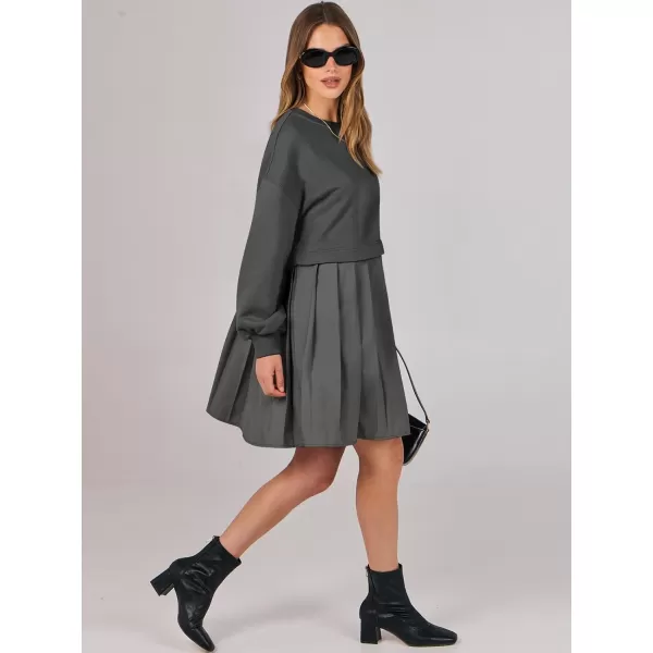 imageANRABESS Women Oversized Sweatshirts Hoodie Dress Long Sleeve Crewneck Casual Baggy Patchwork Pleated Flowy Mini DressesDark Grey