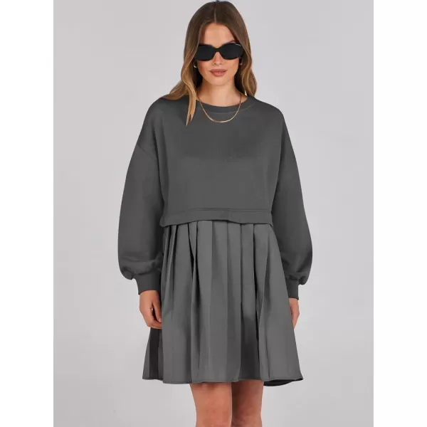 imageANRABESS Women Oversized Sweatshirts Hoodie Dress Long Sleeve Crewneck Casual Baggy Patchwork Pleated Flowy Mini DressesDark Grey