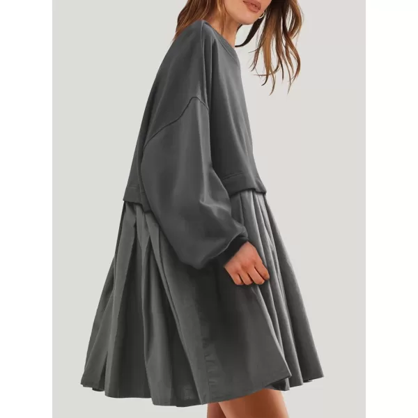 imageANRABESS Women Oversized Sweatshirts Hoodie Dress Long Sleeve Crewneck Casual Baggy Patchwork Pleated Flowy Mini DressesDark Grey