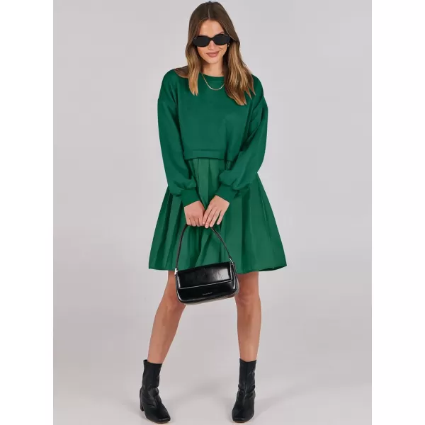 imageANRABESS Women Oversized Sweatshirts Hoodie Dress Long Sleeve Crewneck Casual Baggy Patchwork Pleated Flowy Mini DressesGreen