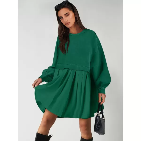 imageANRABESS Women Oversized Sweatshirts Hoodie Dress Long Sleeve Crewneck Casual Baggy Patchwork Pleated Flowy Mini DressesGreen