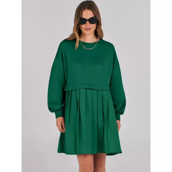 imageANRABESS Women Oversized Sweatshirts Hoodie Dress Long Sleeve Crewneck Casual Baggy Patchwork Pleated Flowy Mini DressesGreen