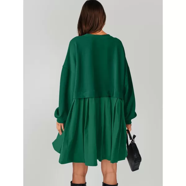imageANRABESS Women Oversized Sweatshirts Hoodie Dress Long Sleeve Crewneck Casual Baggy Patchwork Pleated Flowy Mini DressesGreen