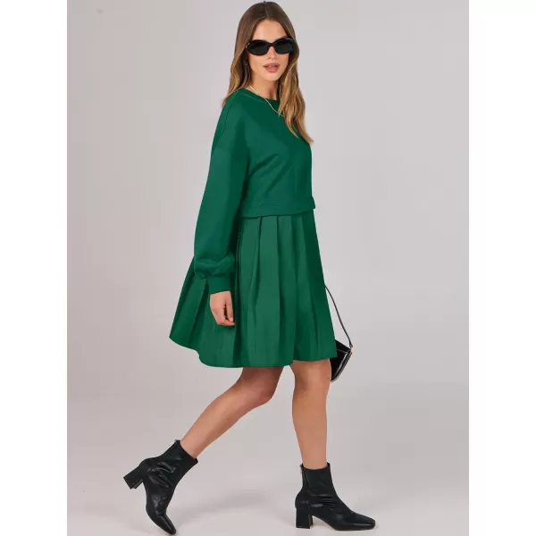 imageANRABESS Women Oversized Sweatshirts Hoodie Dress Long Sleeve Crewneck Casual Baggy Patchwork Pleated Flowy Mini DressesGreen