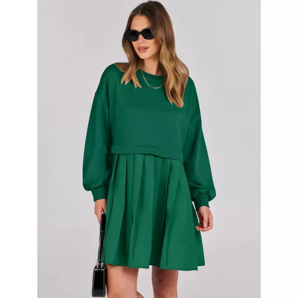 imageANRABESS Women Oversized Sweatshirts Hoodie Dress Long Sleeve Crewneck Casual Baggy Patchwork Pleated Flowy Mini DressesGreen