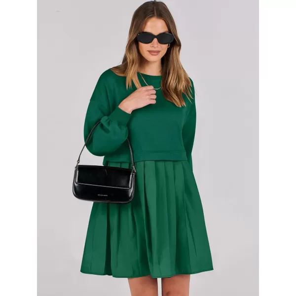 imageANRABESS Women Oversized Sweatshirts Hoodie Dress Long Sleeve Crewneck Casual Baggy Patchwork Pleated Flowy Mini DressesGreen