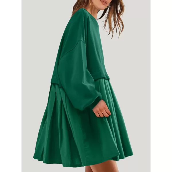 imageANRABESS Women Oversized Sweatshirts Hoodie Dress Long Sleeve Crewneck Casual Baggy Patchwork Pleated Flowy Mini DressesGreen