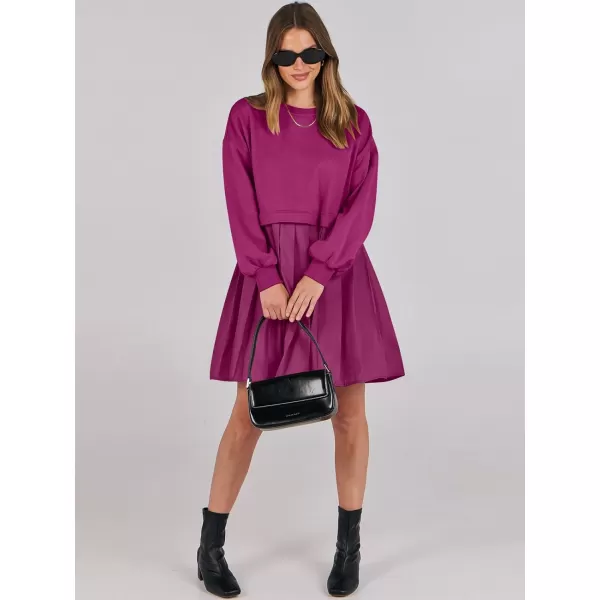 imageANRABESS Women Oversized Sweatshirts Hoodie Dress Long Sleeve Crewneck Casual Baggy Patchwork Pleated Flowy Mini DressesHot Pink