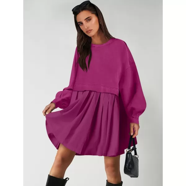 imageANRABESS Women Oversized Sweatshirts Hoodie Dress Long Sleeve Crewneck Casual Baggy Patchwork Pleated Flowy Mini DressesHot Pink