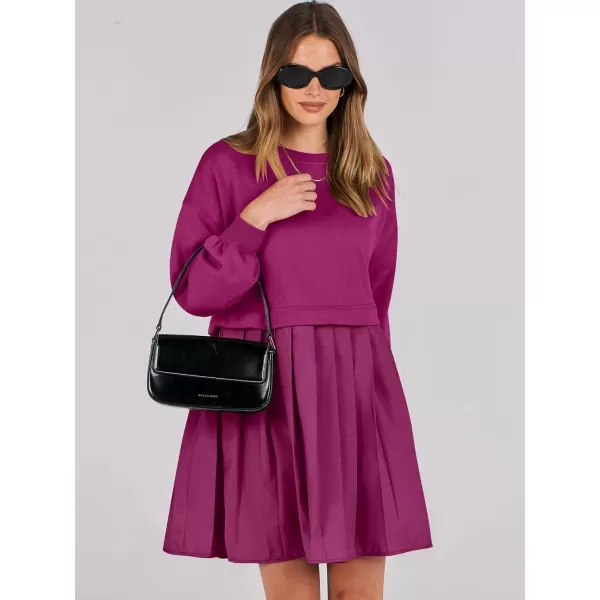 imageANRABESS Women Oversized Sweatshirts Hoodie Dress Long Sleeve Crewneck Casual Baggy Patchwork Pleated Flowy Mini DressesHot Pink