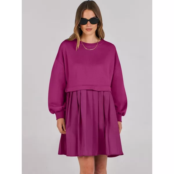 imageANRABESS Women Oversized Sweatshirts Hoodie Dress Long Sleeve Crewneck Casual Baggy Patchwork Pleated Flowy Mini DressesHot Pink