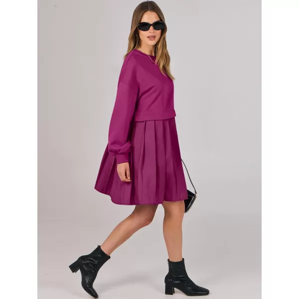 imageANRABESS Women Oversized Sweatshirts Hoodie Dress Long Sleeve Crewneck Casual Baggy Patchwork Pleated Flowy Mini DressesHot Pink