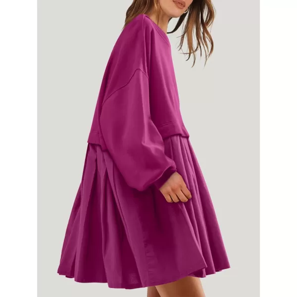 imageANRABESS Women Oversized Sweatshirts Hoodie Dress Long Sleeve Crewneck Casual Baggy Patchwork Pleated Flowy Mini DressesHot Pink