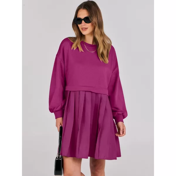imageANRABESS Women Oversized Sweatshirts Hoodie Dress Long Sleeve Crewneck Casual Baggy Patchwork Pleated Flowy Mini DressesHot Pink