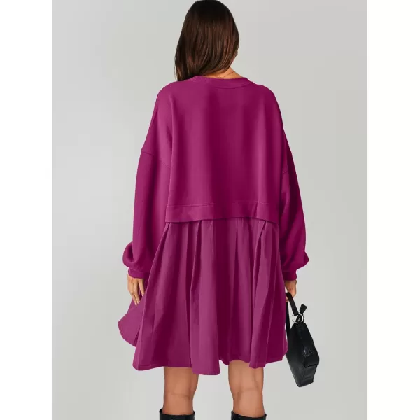 imageANRABESS Women Oversized Sweatshirts Hoodie Dress Long Sleeve Crewneck Casual Baggy Patchwork Pleated Flowy Mini DressesHot Pink