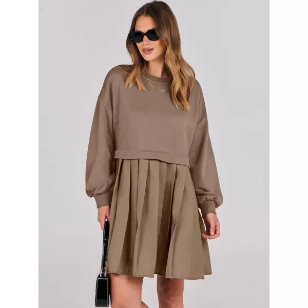 imageANRABESS Women Oversized Sweatshirts Hoodie Dress Long Sleeve Crewneck Casual Baggy Patchwork Pleated Flowy Mini DressesKhaki