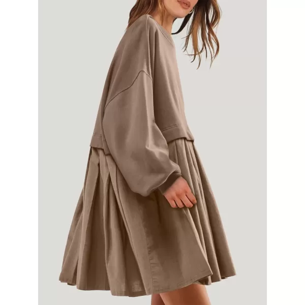 imageANRABESS Women Oversized Sweatshirts Hoodie Dress Long Sleeve Crewneck Casual Baggy Patchwork Pleated Flowy Mini DressesKhaki
