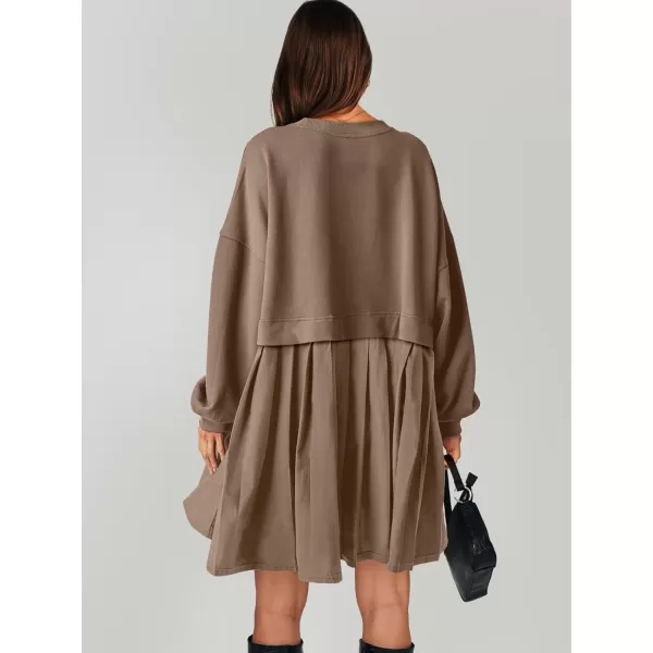 imageANRABESS Women Oversized Sweatshirts Hoodie Dress Long Sleeve Crewneck Casual Baggy Patchwork Pleated Flowy Mini DressesKhaki
