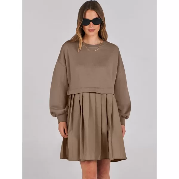 imageANRABESS Women Oversized Sweatshirts Hoodie Dress Long Sleeve Crewneck Casual Baggy Patchwork Pleated Flowy Mini DressesKhaki