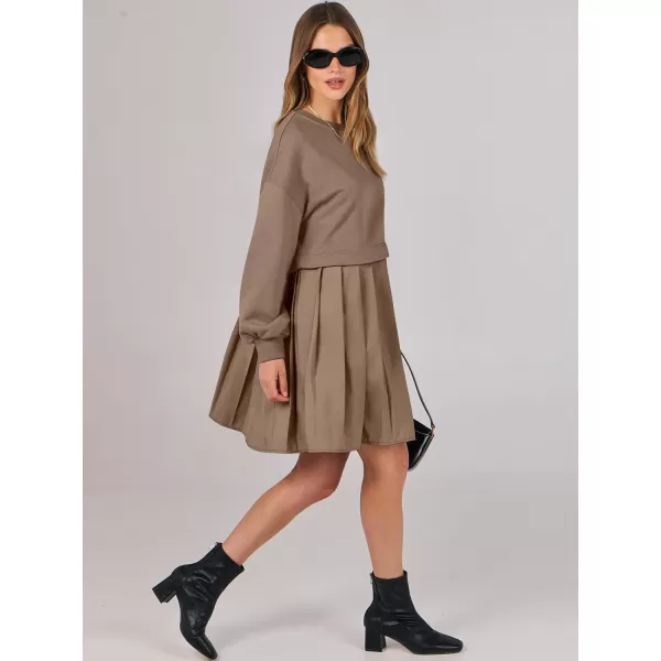 imageANRABESS Women Oversized Sweatshirts Hoodie Dress Long Sleeve Crewneck Casual Baggy Patchwork Pleated Flowy Mini DressesKhaki