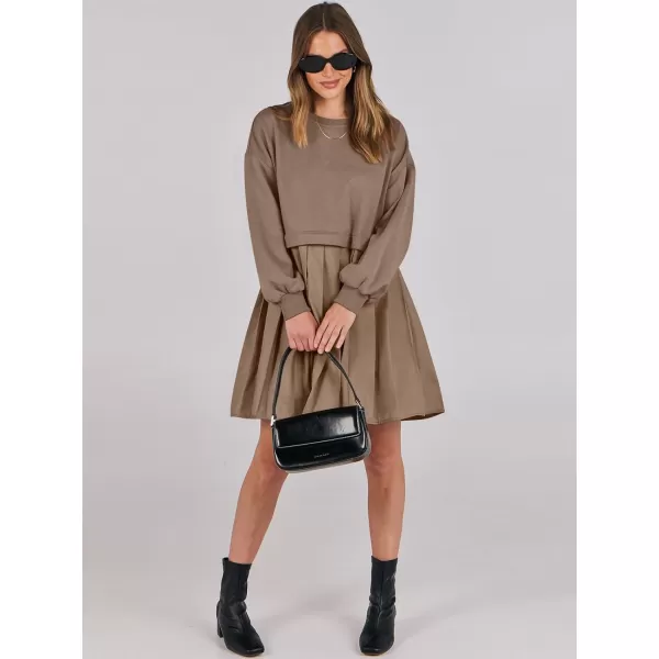 imageANRABESS Women Oversized Sweatshirts Hoodie Dress Long Sleeve Crewneck Casual Baggy Patchwork Pleated Flowy Mini DressesKhaki