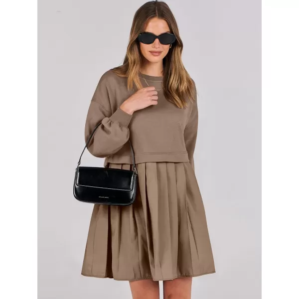imageANRABESS Women Oversized Sweatshirts Hoodie Dress Long Sleeve Crewneck Casual Baggy Patchwork Pleated Flowy Mini DressesKhaki