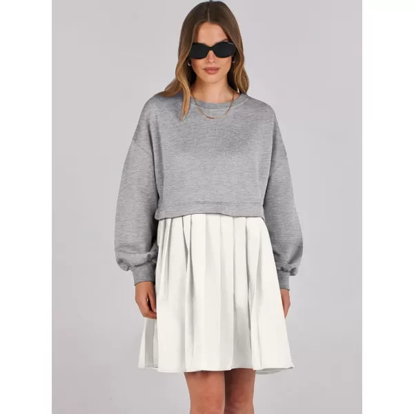 imageANRABESS Women Oversized Sweatshirts Hoodie Dress Long Sleeve Crewneck Casual Baggy Patchwork Pleated Flowy Mini DressesLight GreyWhite